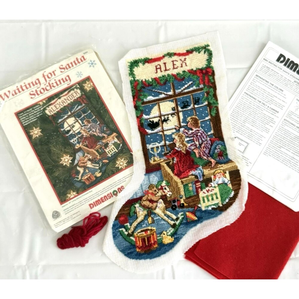 Vtg Dimensions Needlepoint Christmas Stocking Waiting for Santa Need Back *READ*